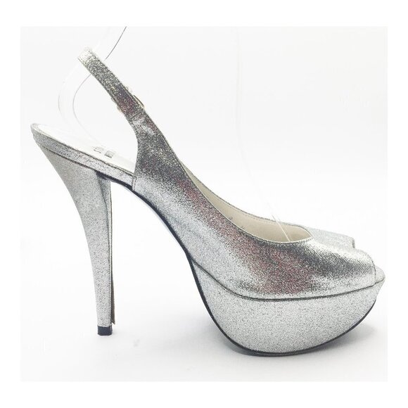 STUART WETZMAN Silver Glitter Open Toe Platform Slingback Pumps - Picture 8 of 13